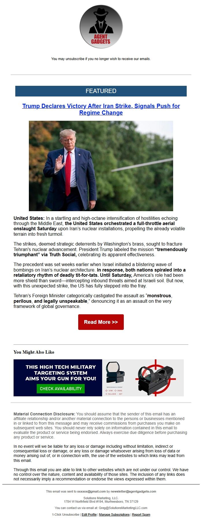 Screenshot of the email generated on import