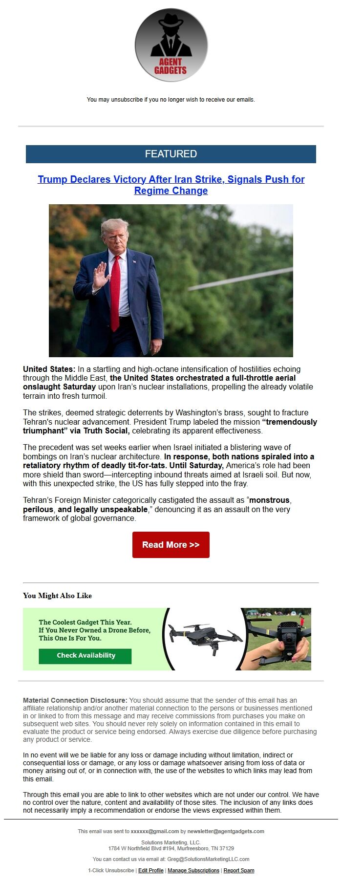 Screenshot of the email generated on import