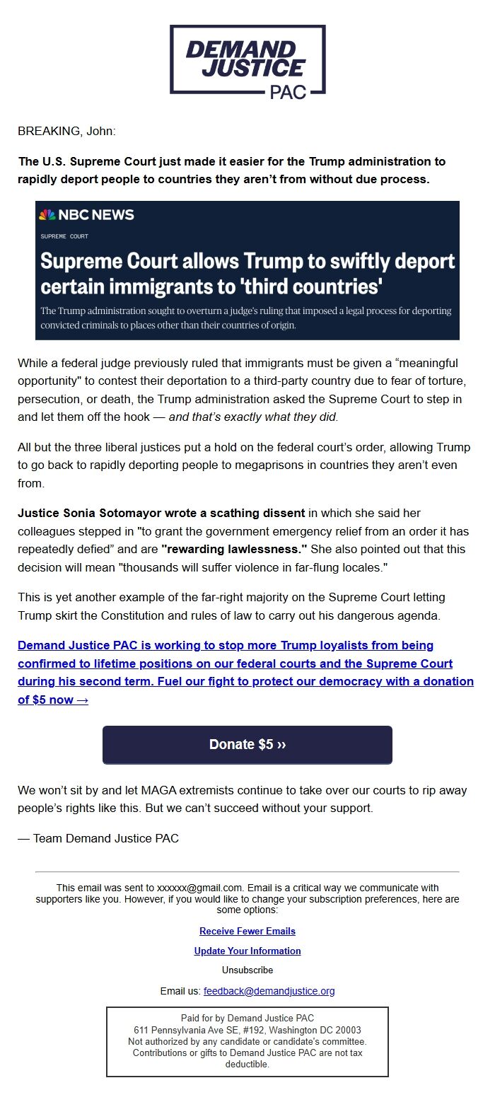 Screenshot of the email generated on import
