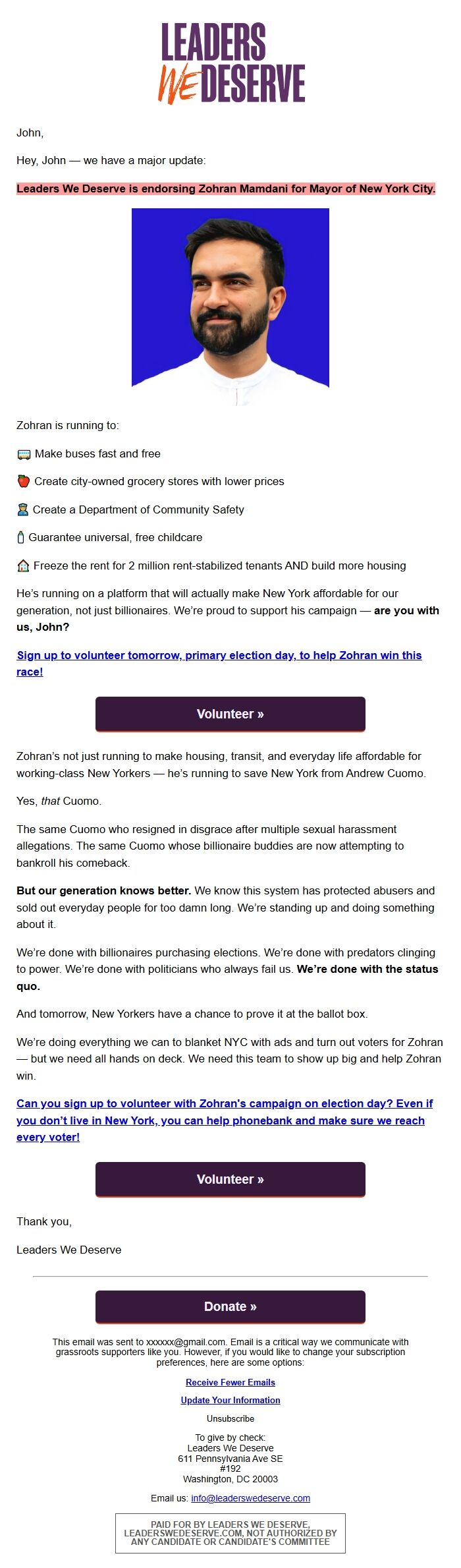 Screenshot of the email generated on import