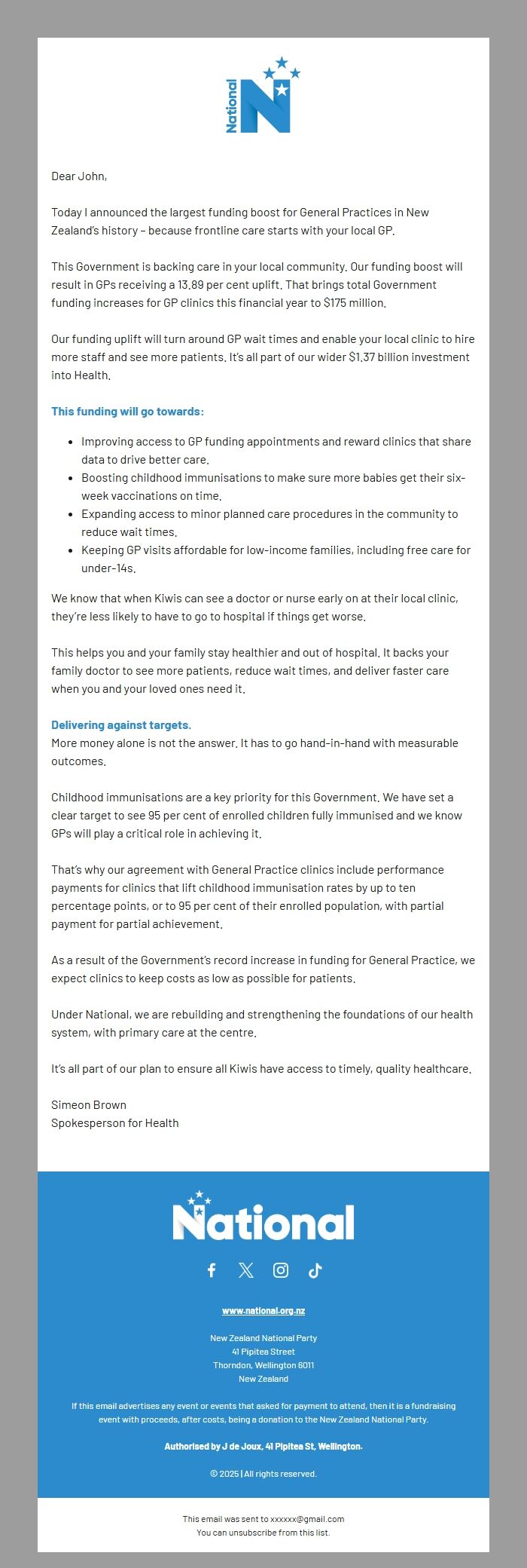 Screenshot of the email generated on import