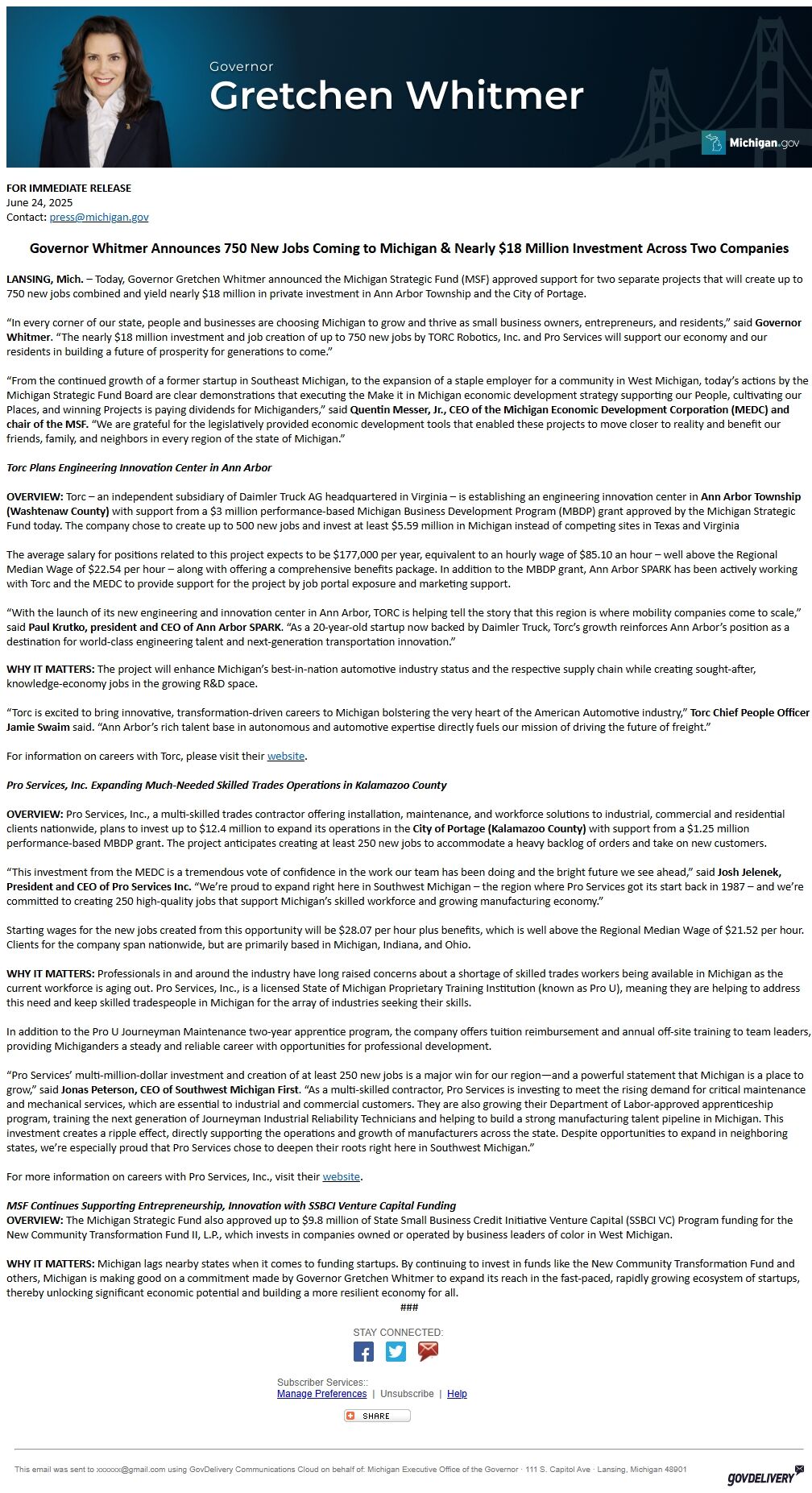 Screenshot of the email generated on import