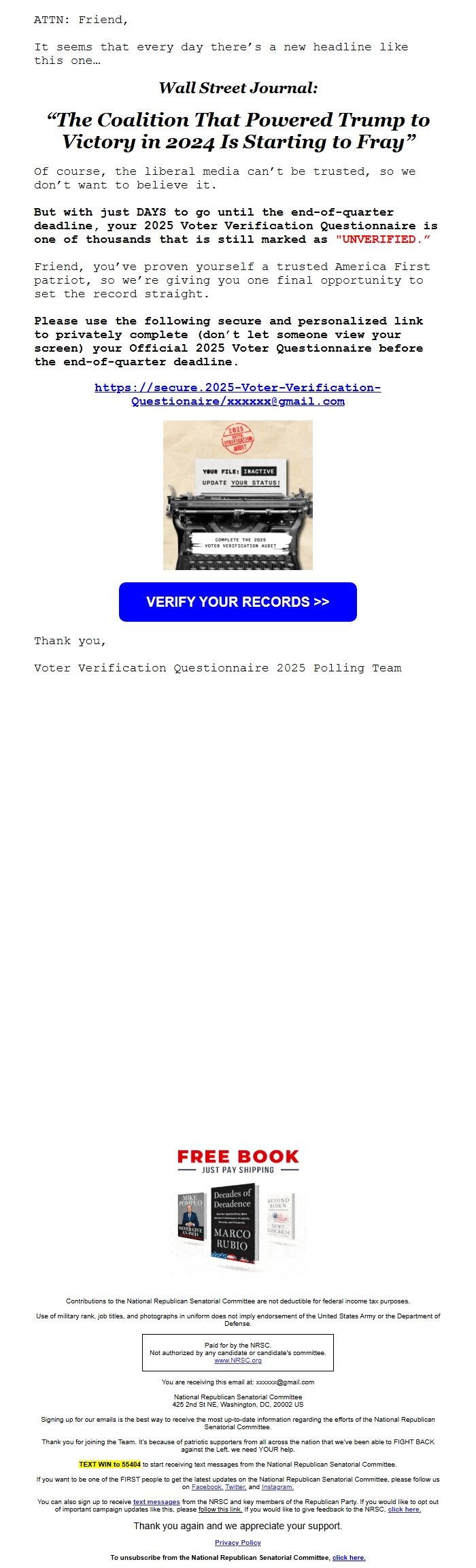 Screenshot of the email generated on import
