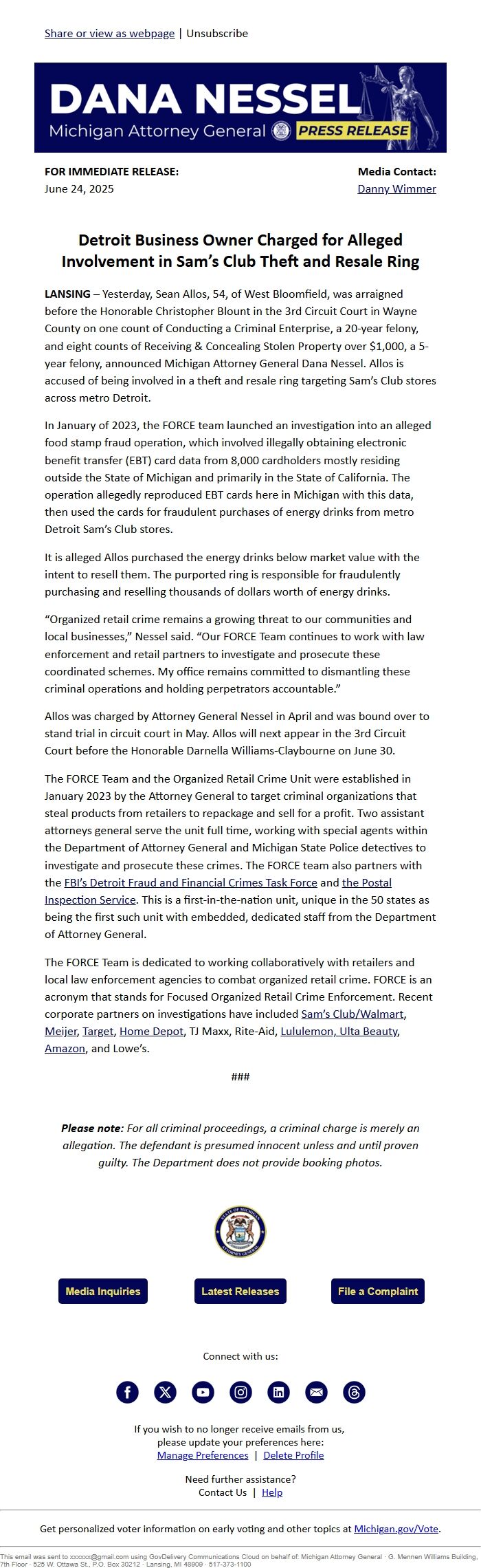 Screenshot of the email generated on import