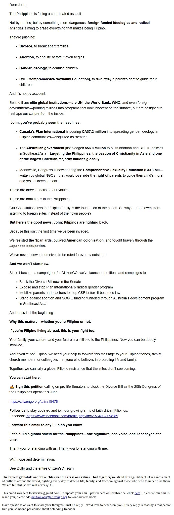 Screenshot of the email generated on import
