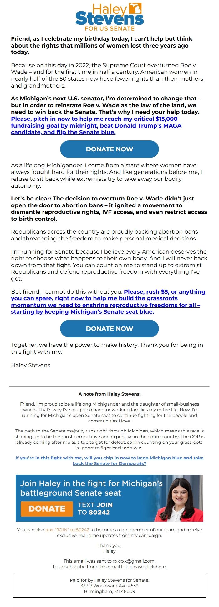 Screenshot of the email generated on import