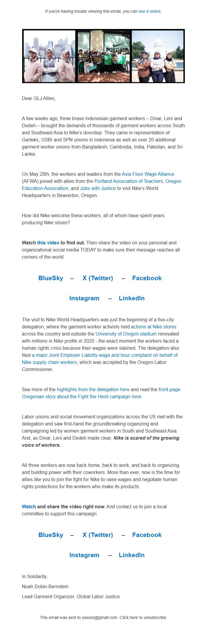 Screenshot of the email generated on import