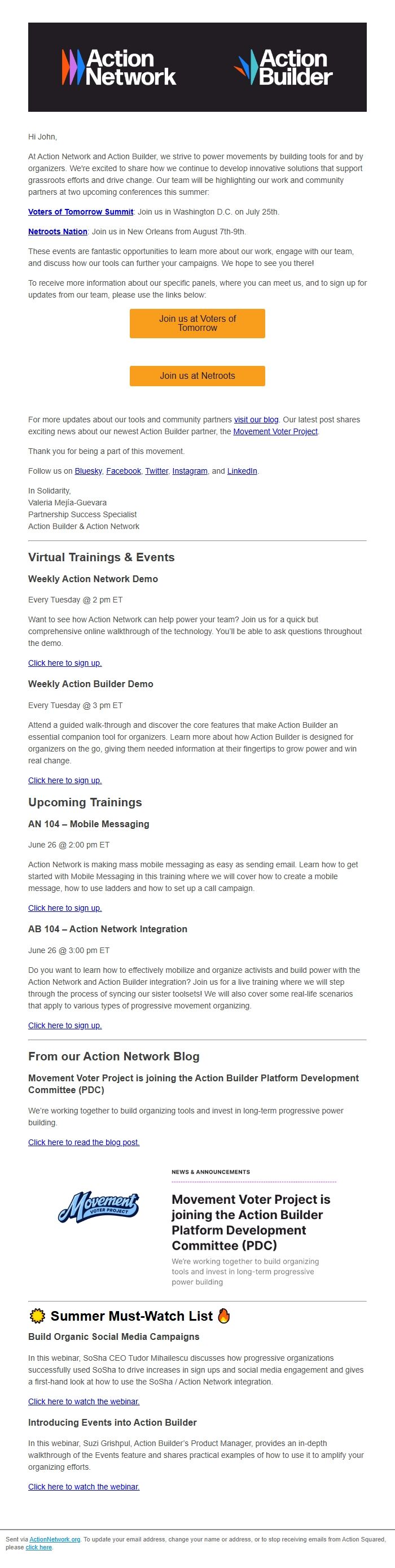 Screenshot of the email generated on import