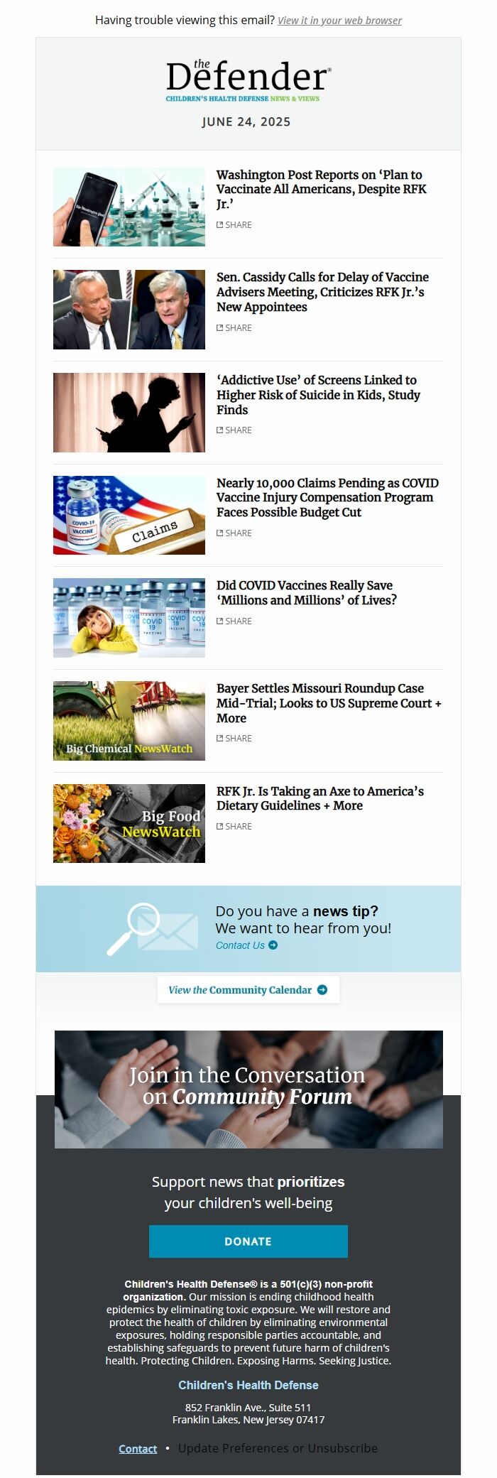 Screenshot of the email generated on import