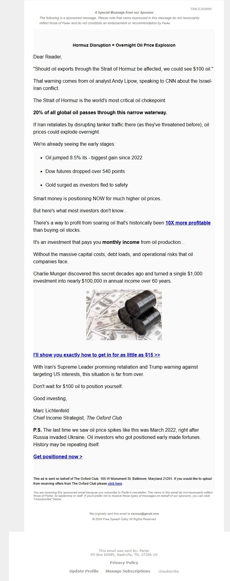Screenshot of the email generated on import