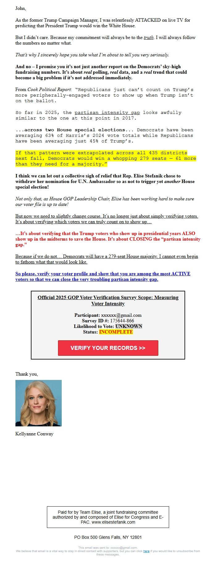 Screenshot of the email generated on import