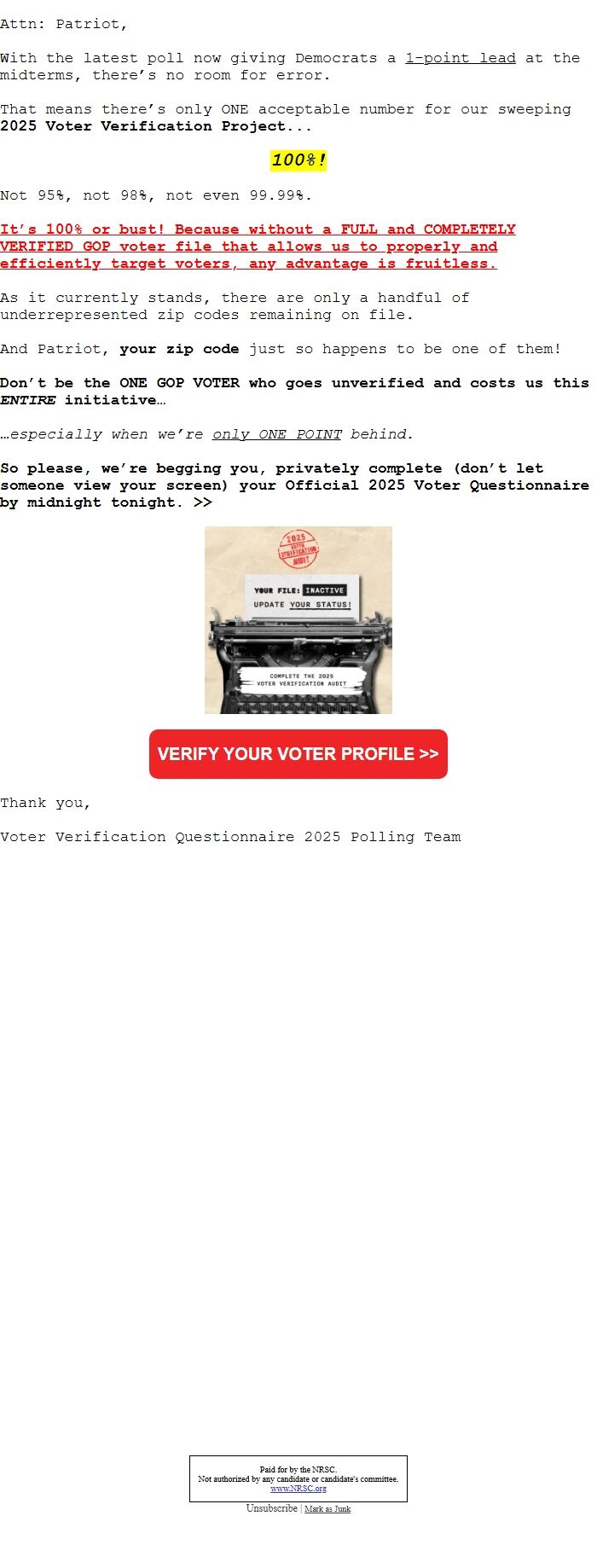 Screenshot of the email generated on import