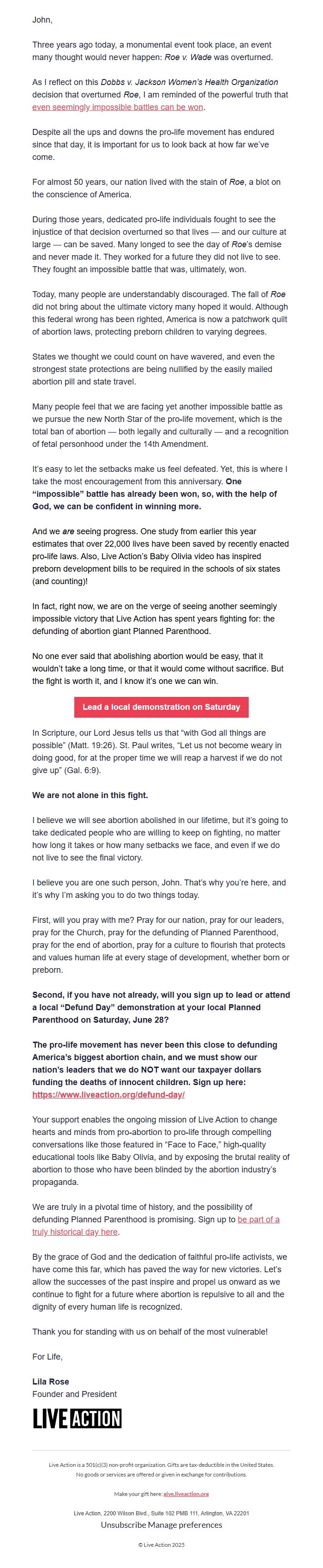 Screenshot of the email generated on import