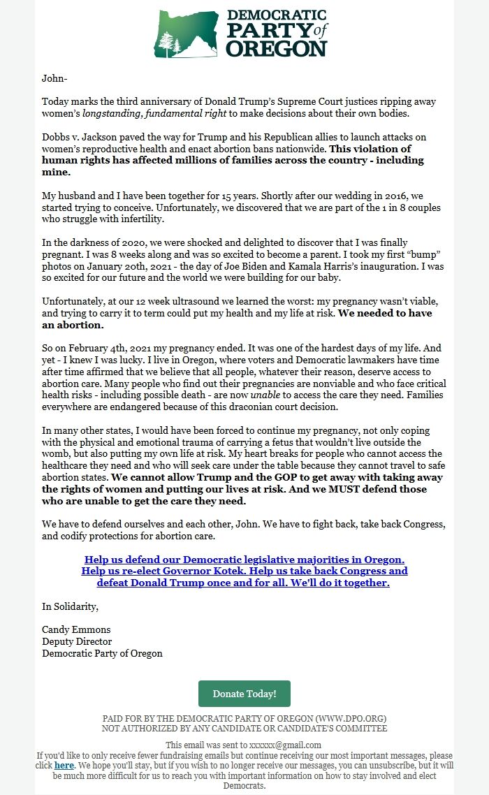 Screenshot of the email generated on import