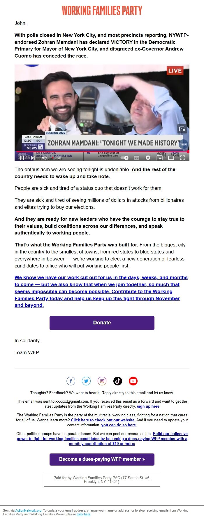 Screenshot of the email generated on import