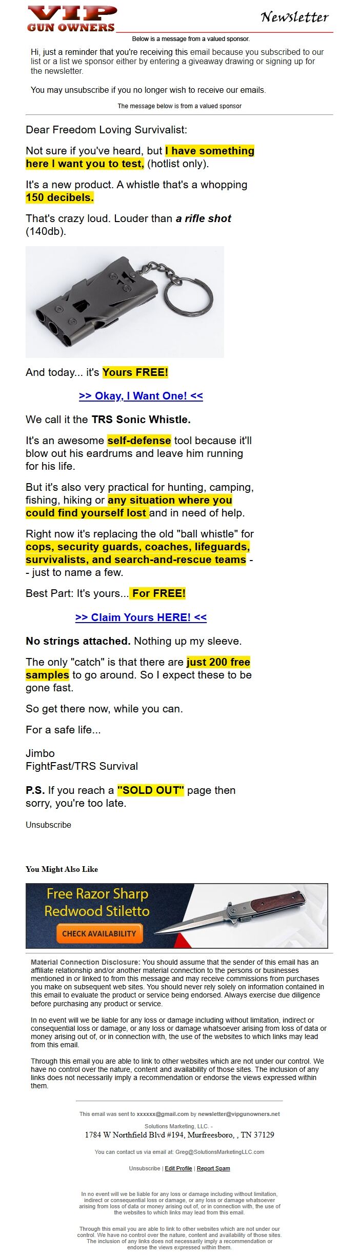 Screenshot of the email generated on import