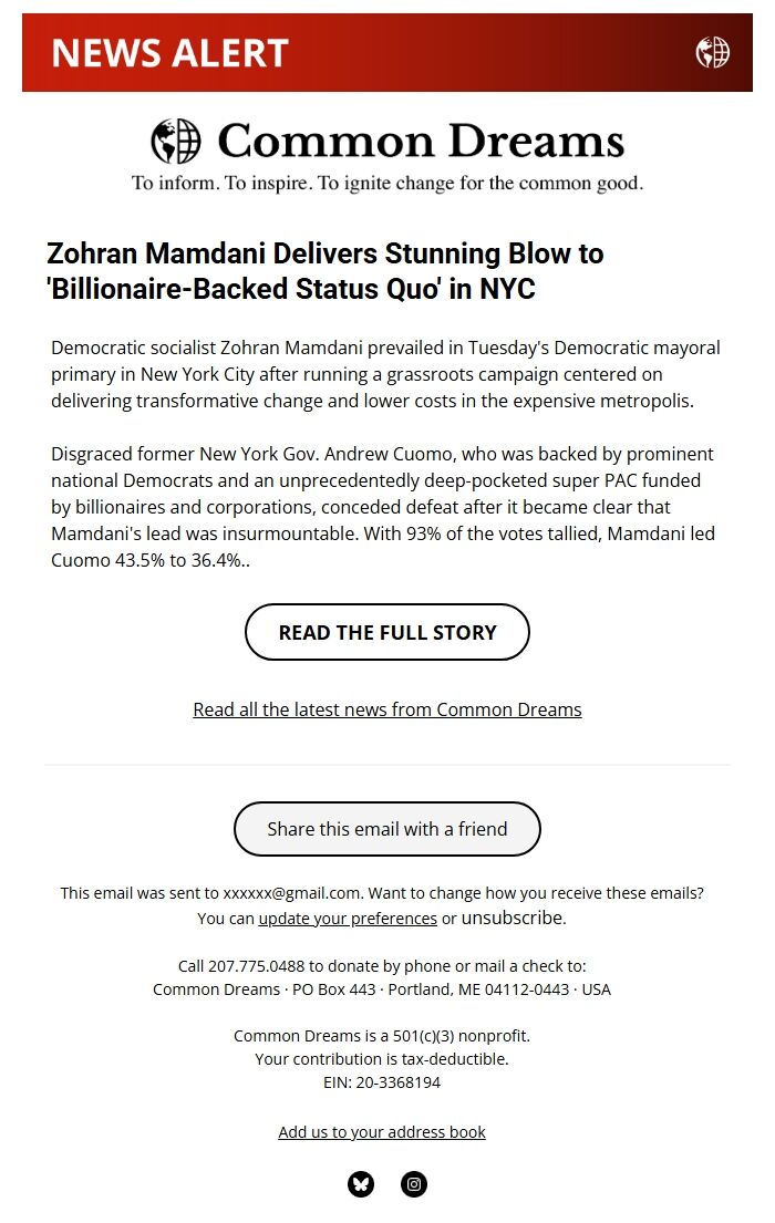 Screenshot of the email generated on import