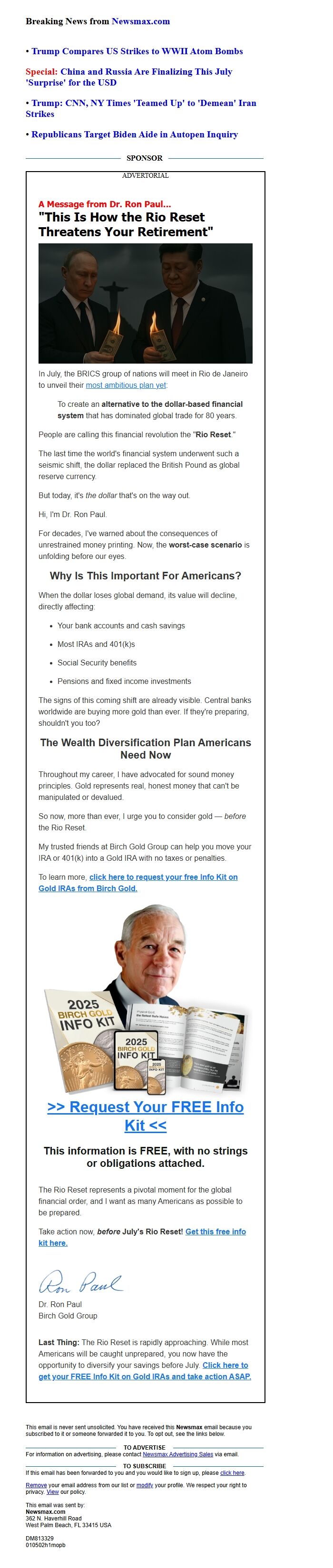 Screenshot of the email generated on import