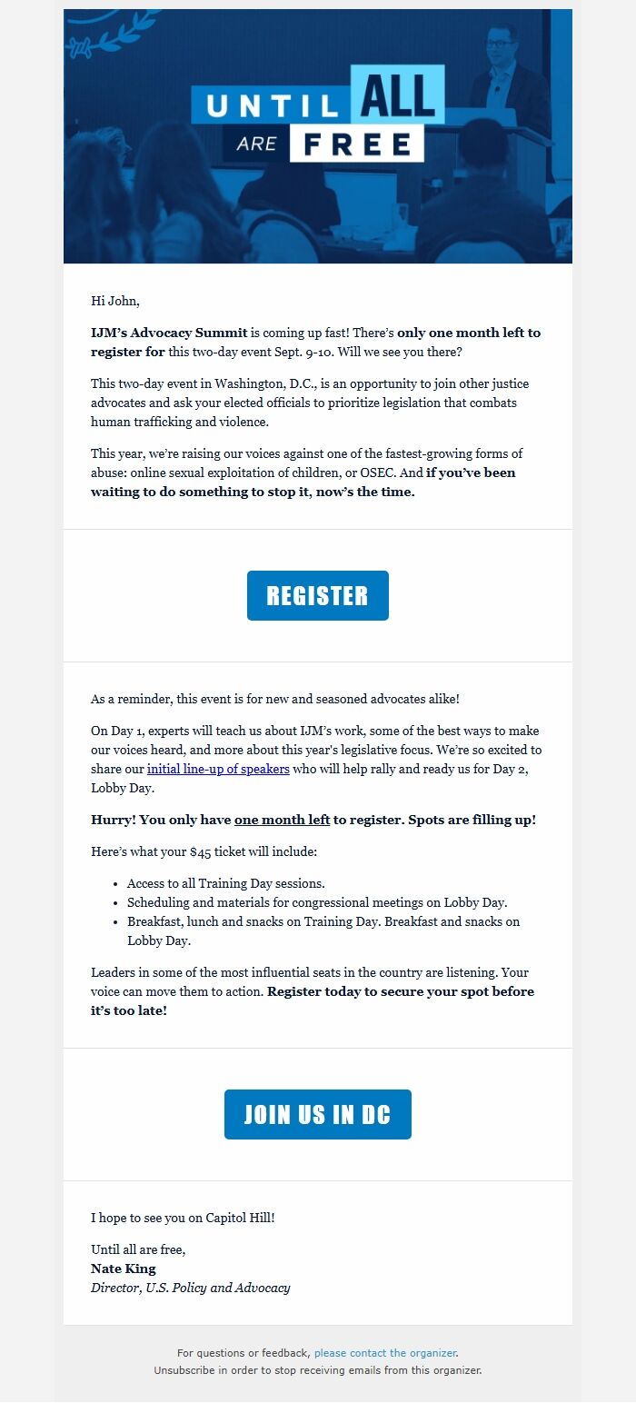 Screenshot of the email generated on import