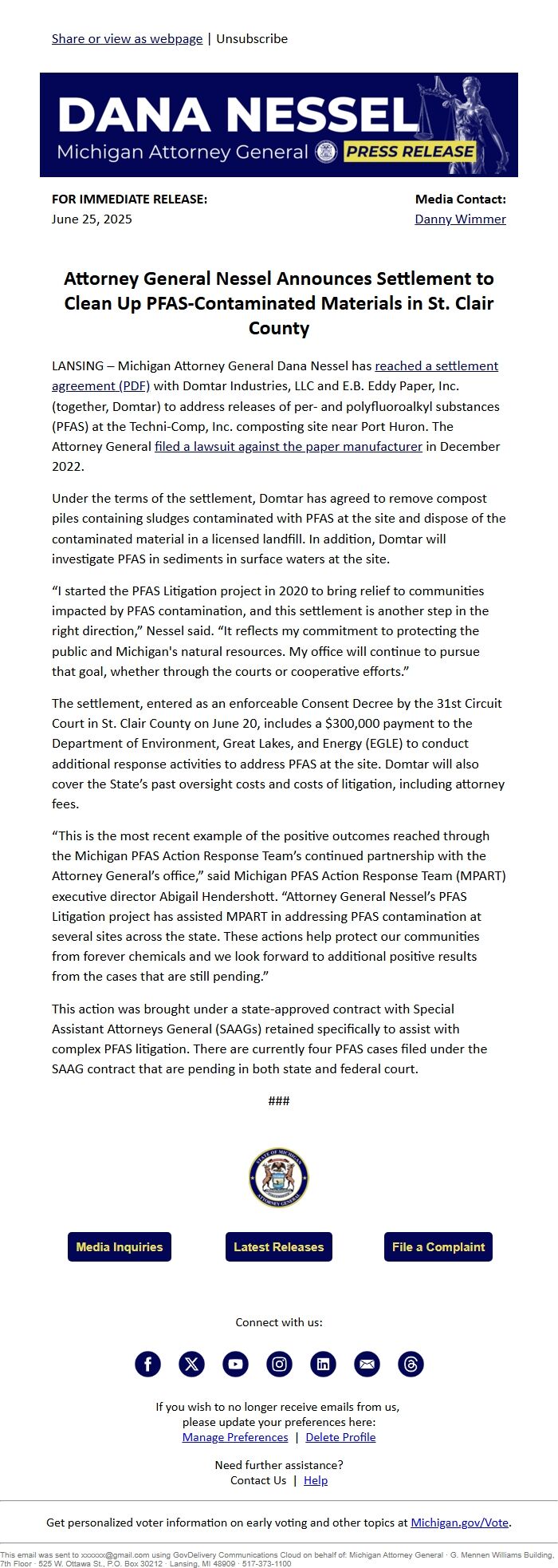 Screenshot of the email generated on import