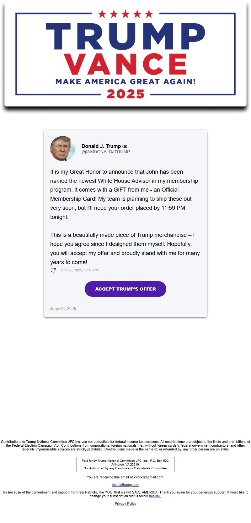 Screenshot of the email generated on import