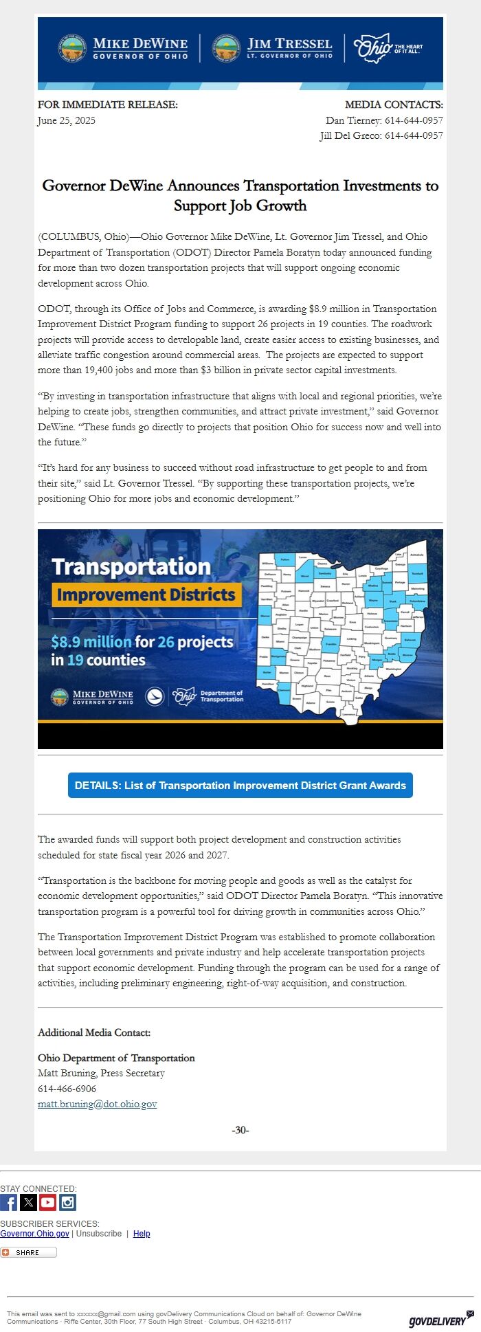 Screenshot of the email generated on import