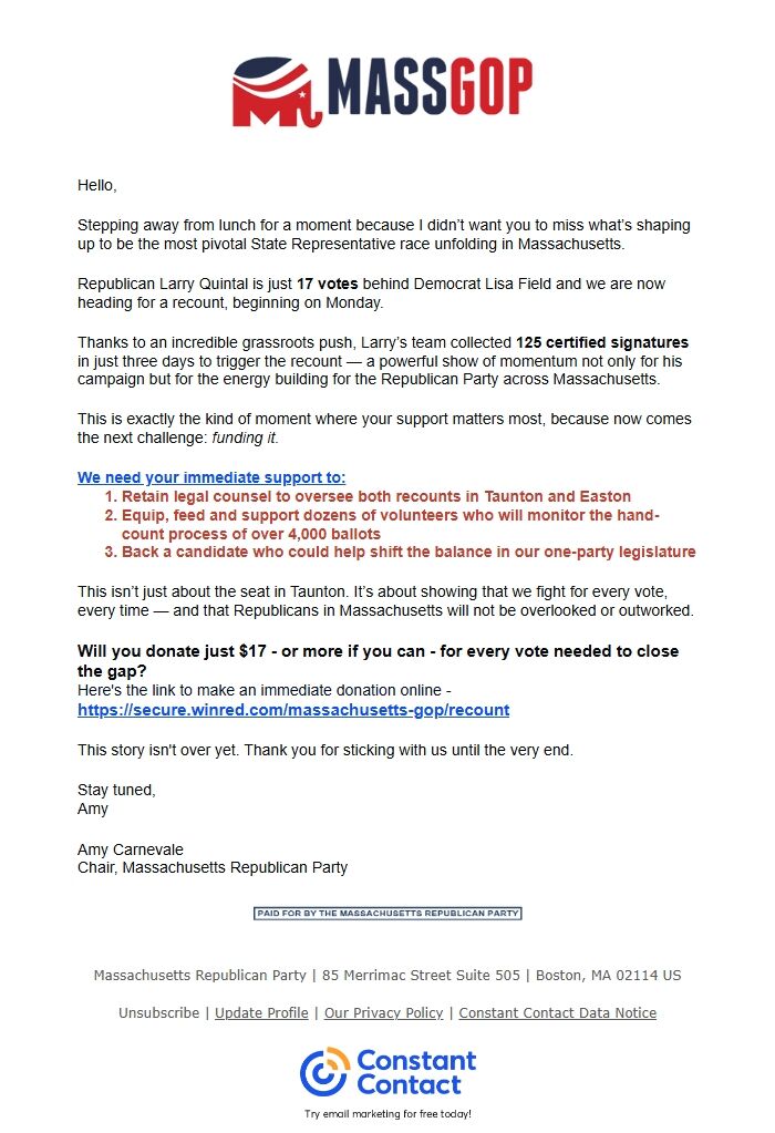 Screenshot of the email generated on import