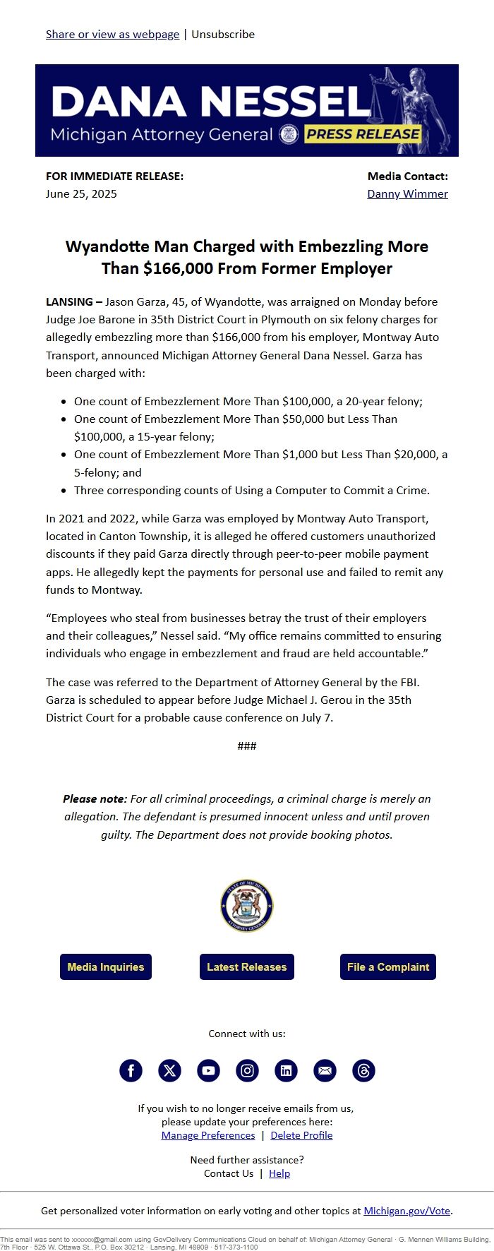 Screenshot of the email generated on import