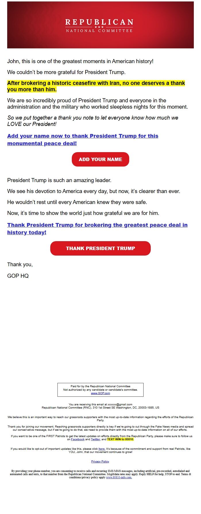 Screenshot of the email generated on import