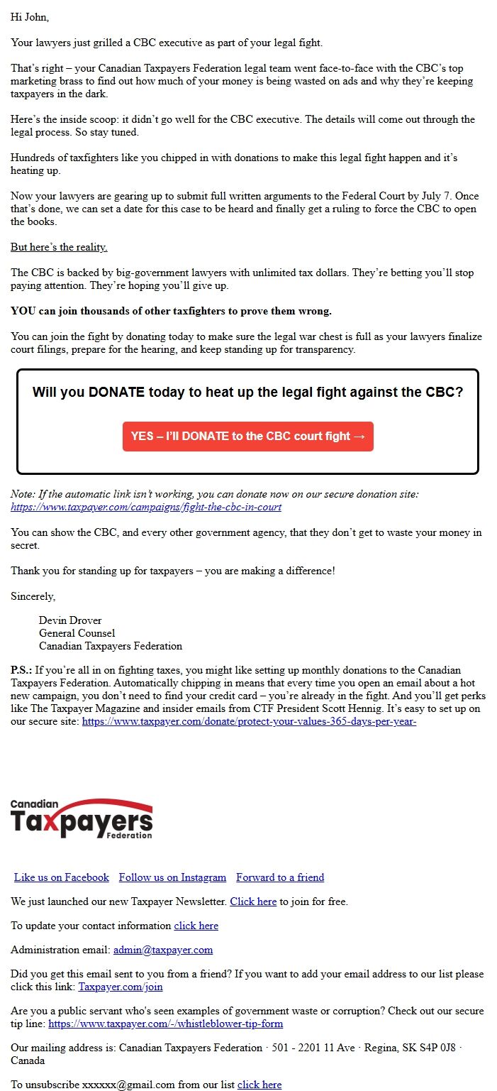 Screenshot of the email generated on import
