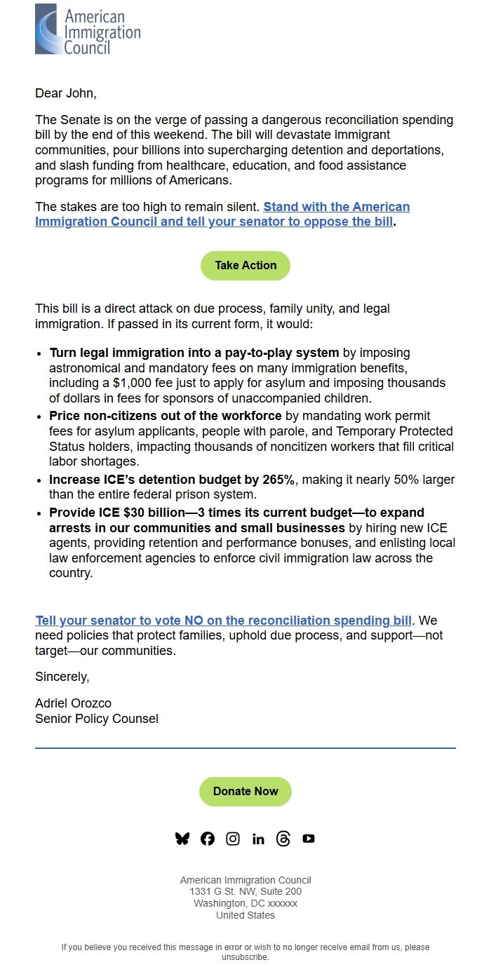 Screenshot of the email generated on import