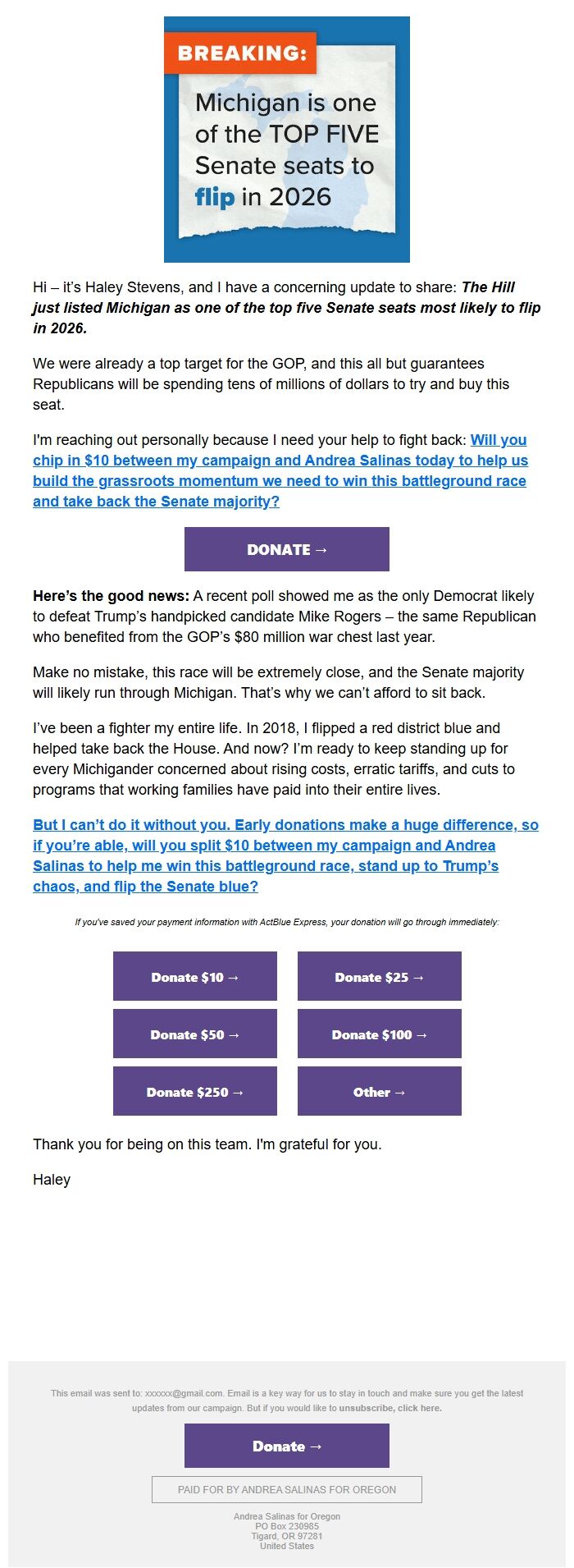 Screenshot of the email generated on import