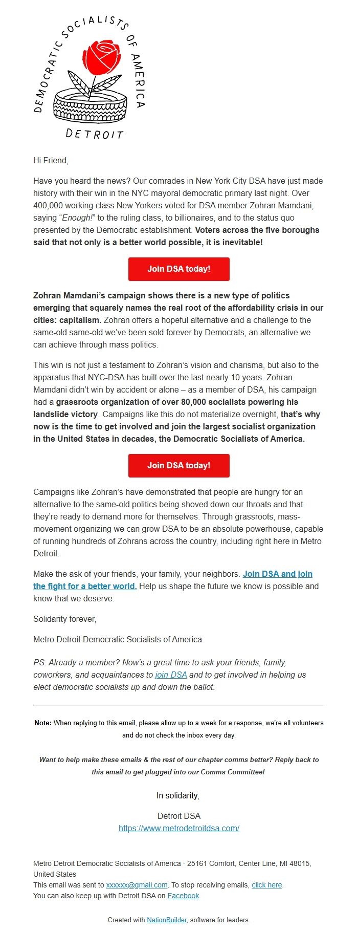 Screenshot of the email generated on import