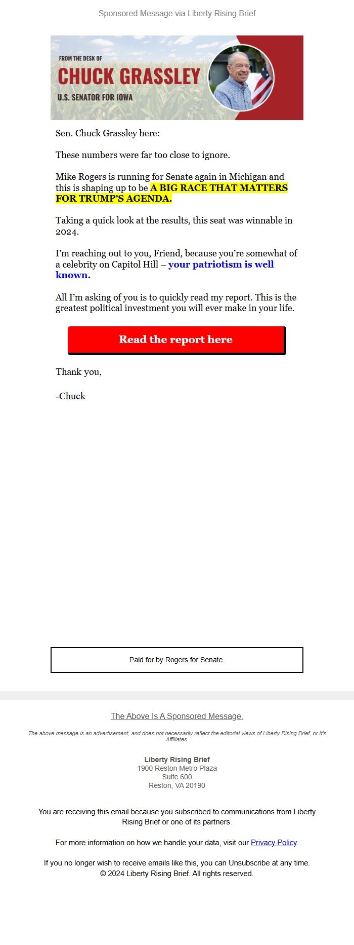 Screenshot of the email generated on import