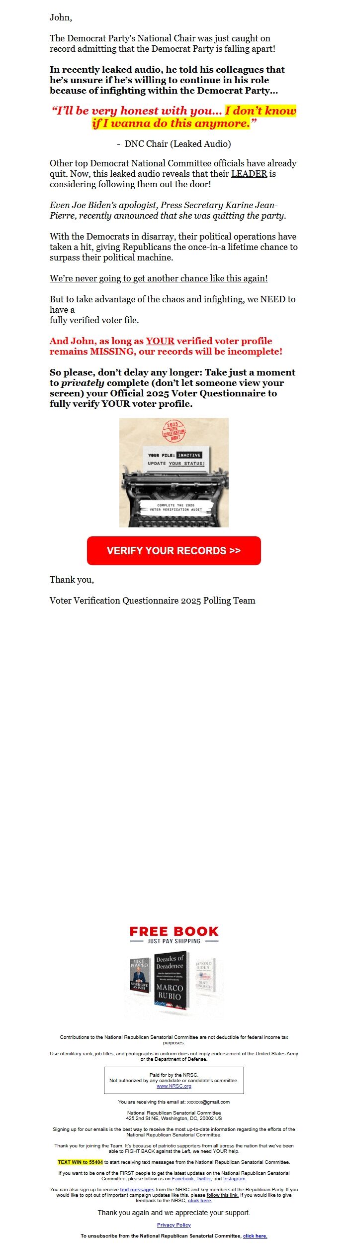 Screenshot of the email generated on import