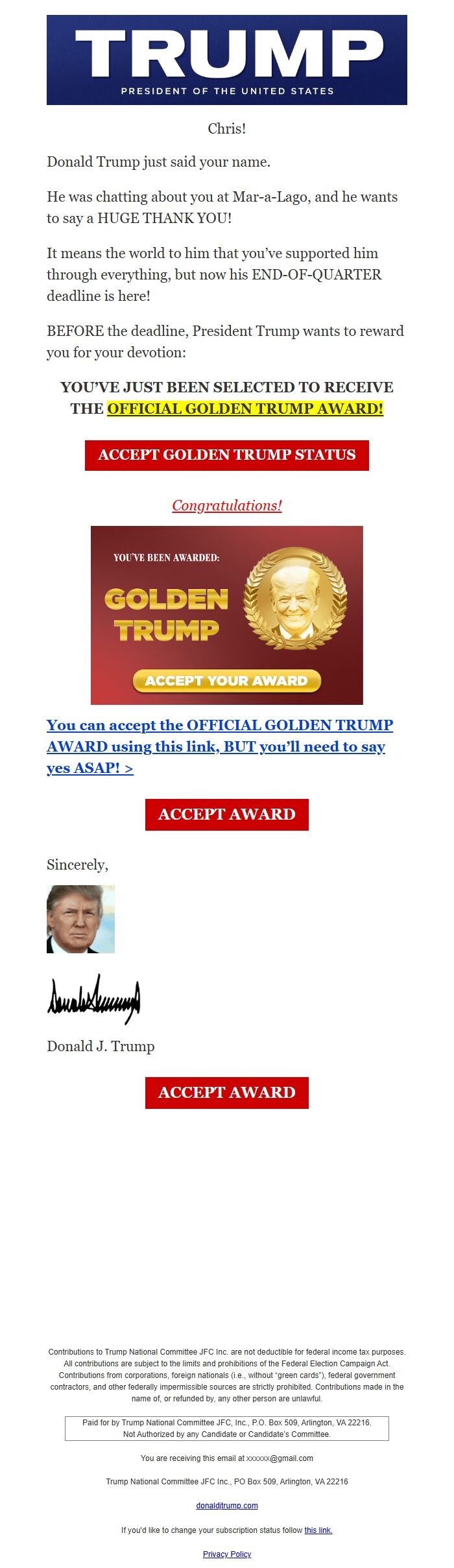 Screenshot of the email generated on import