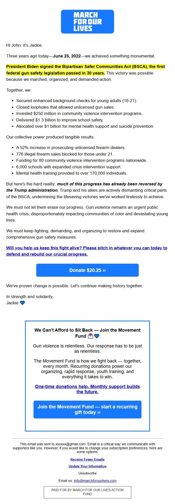 Screenshot of the email generated on import