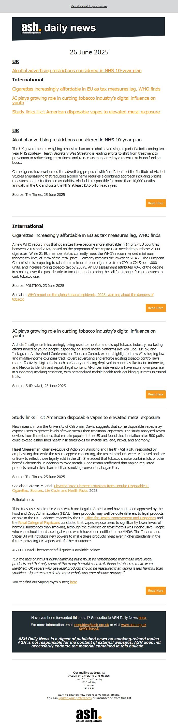 Screenshot of the email generated on import