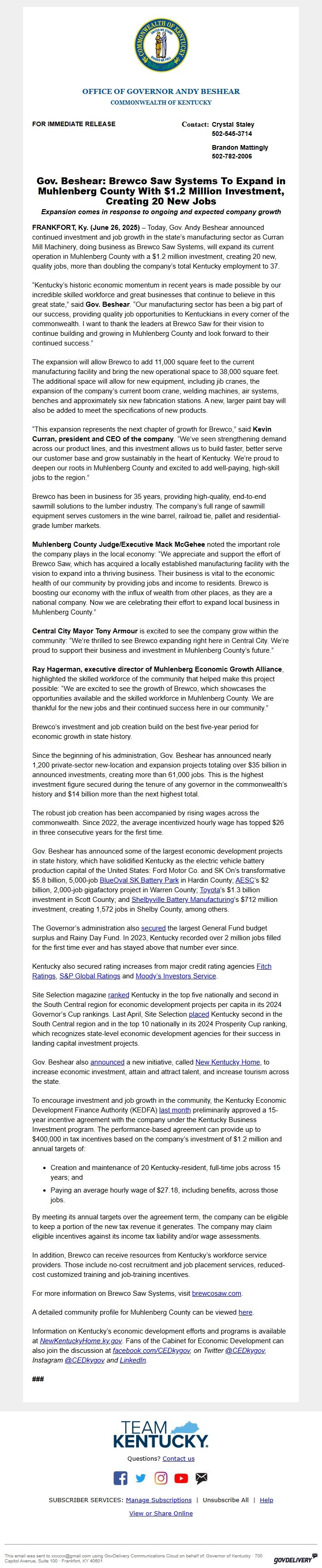 Screenshot of the email generated on import