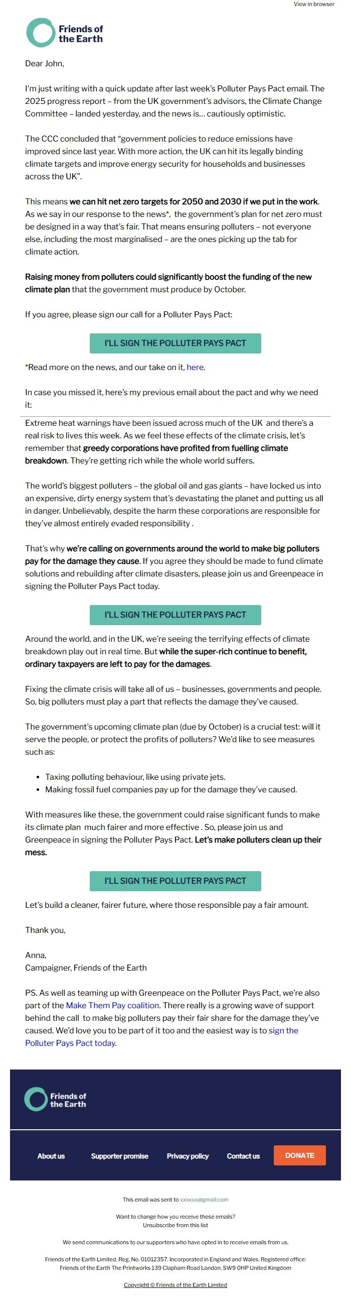 Screenshot of the email generated on import