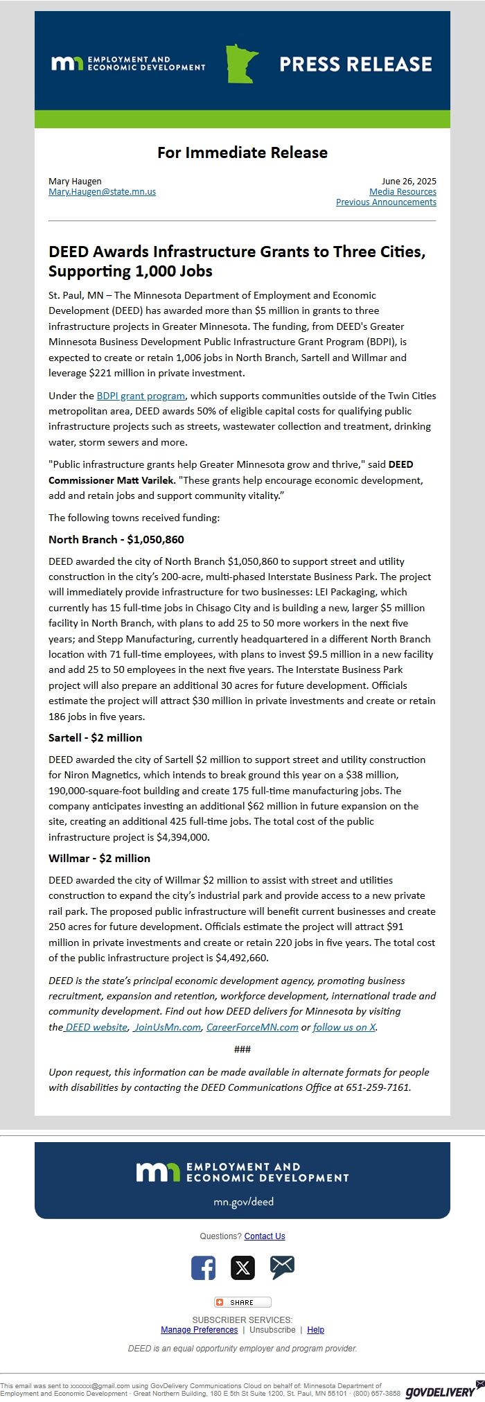 Screenshot of the email generated on import