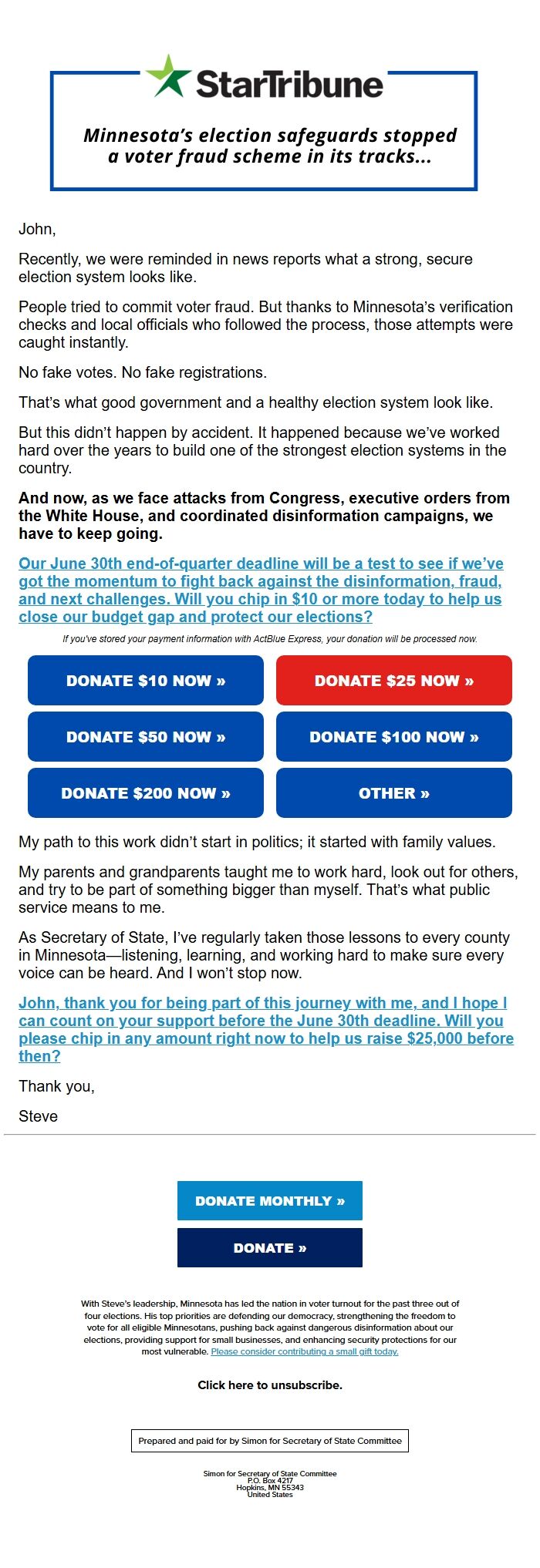 Screenshot of the email generated on import