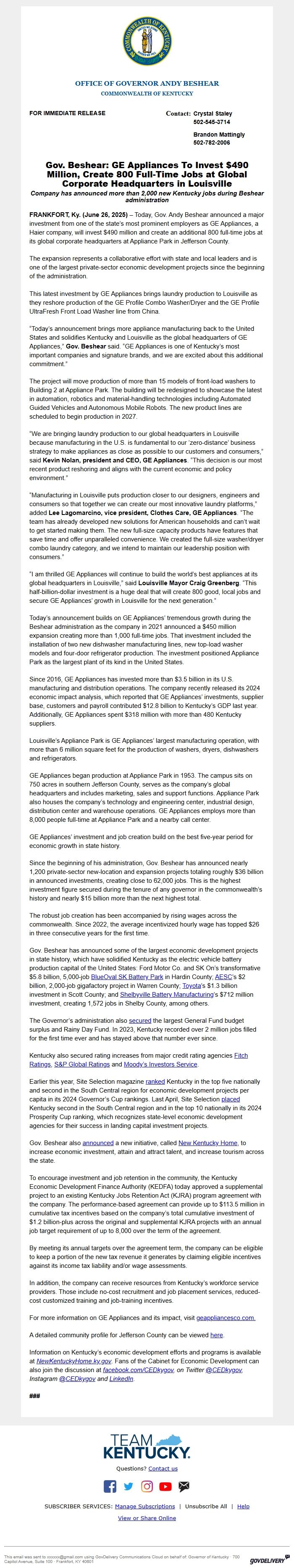 Screenshot of the email generated on import