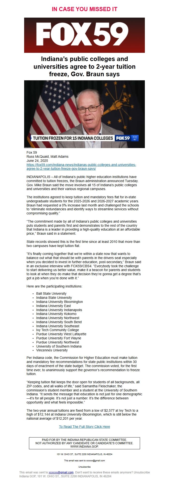 Screenshot of the email generated on import