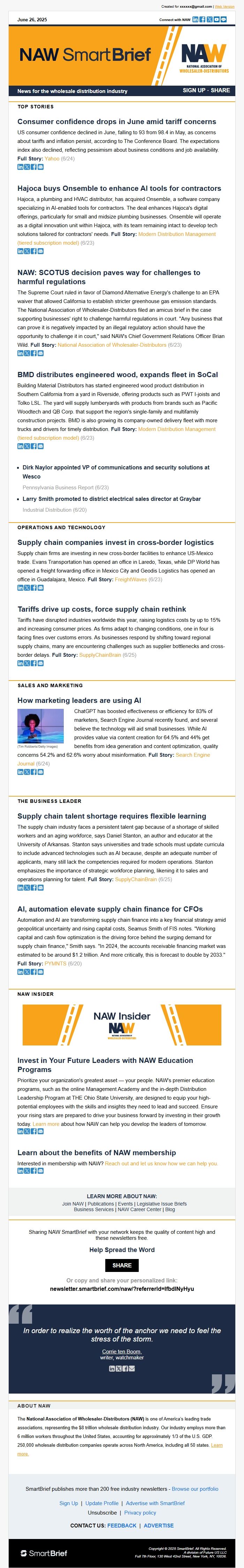Screenshot of the email generated on import