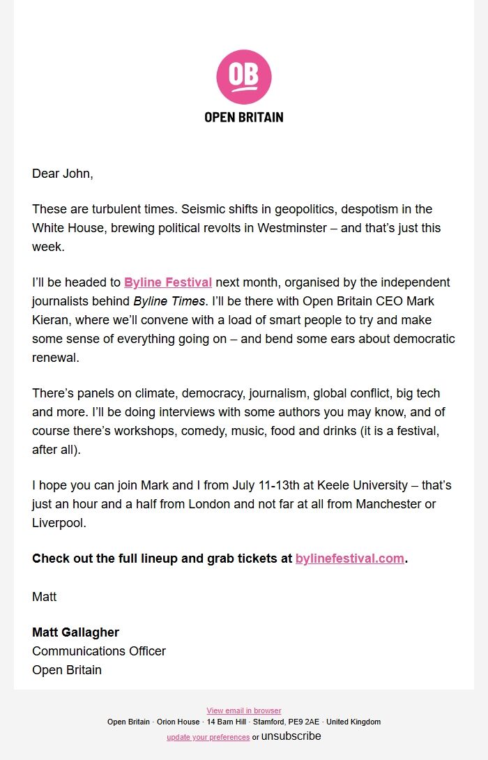Screenshot of the email generated on import