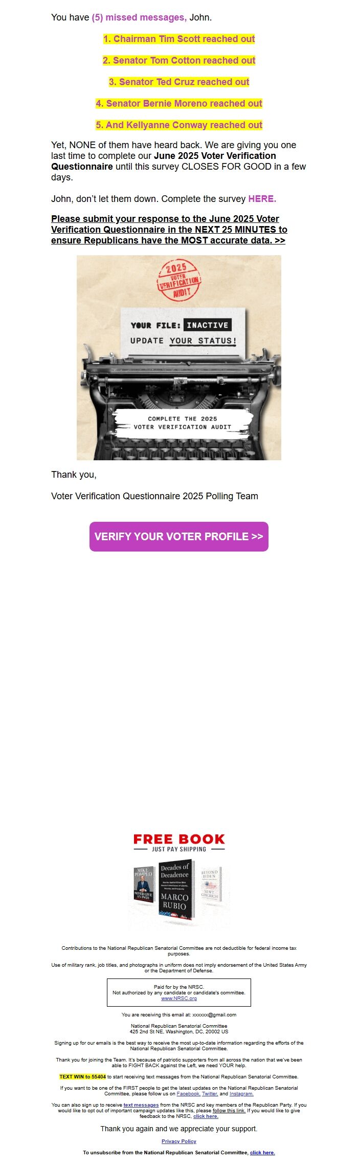 Screenshot of the email generated on import