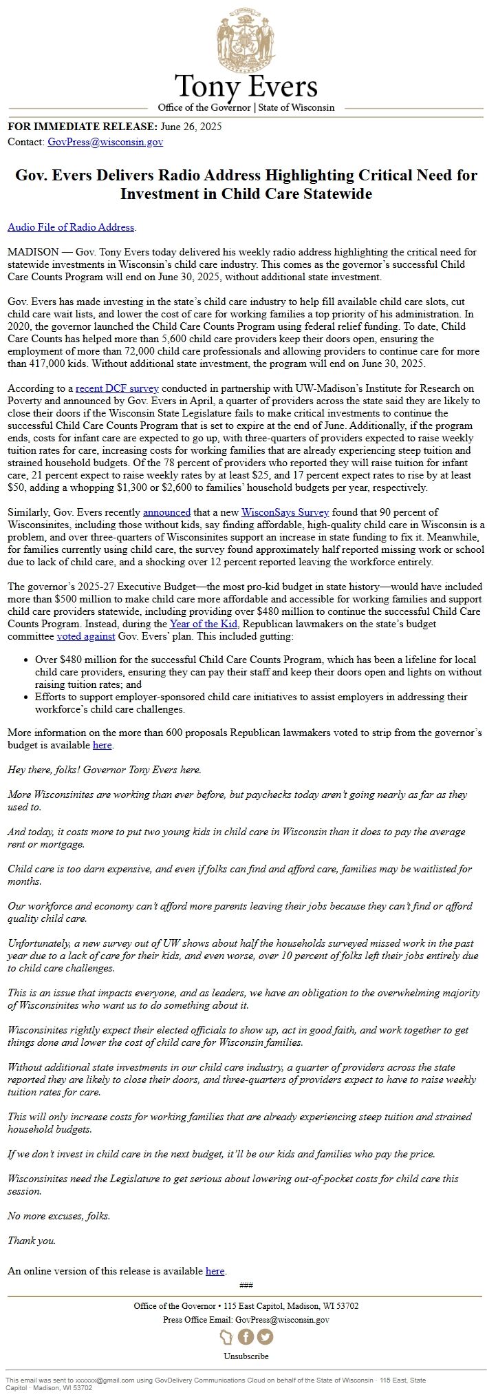 Screenshot of the email generated on import