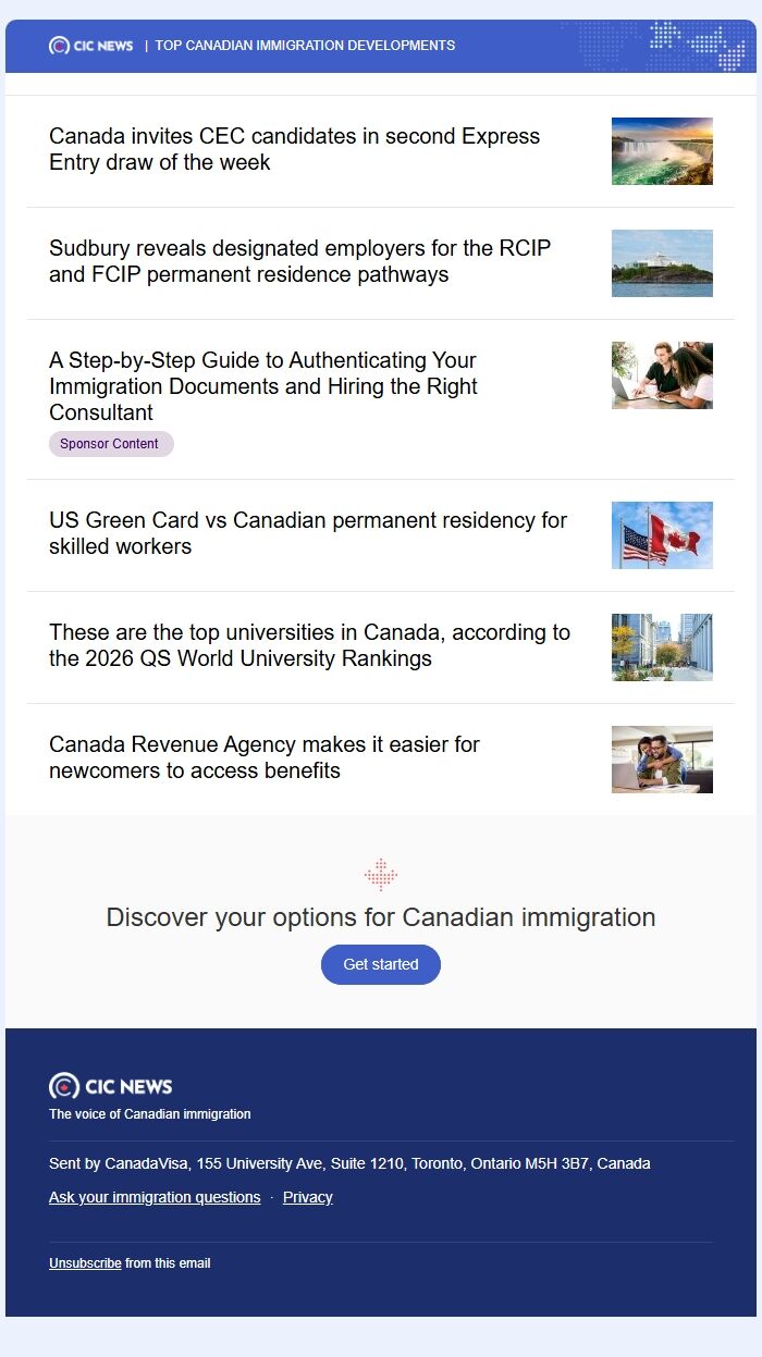 Screenshot of the email generated on import