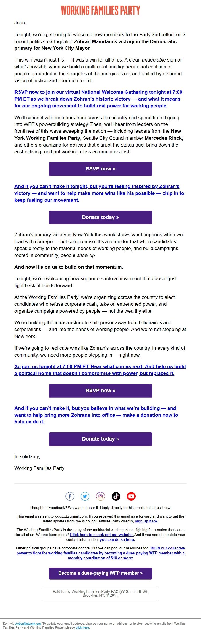 Screenshot of the email generated on import